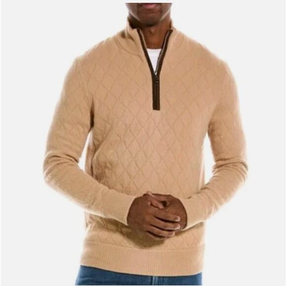 BROOKS BROTHERS Classic Quilted Half Zip Sweater Wool Cashmere Tan Sz XXL {W6} - Picture 1 of 6
